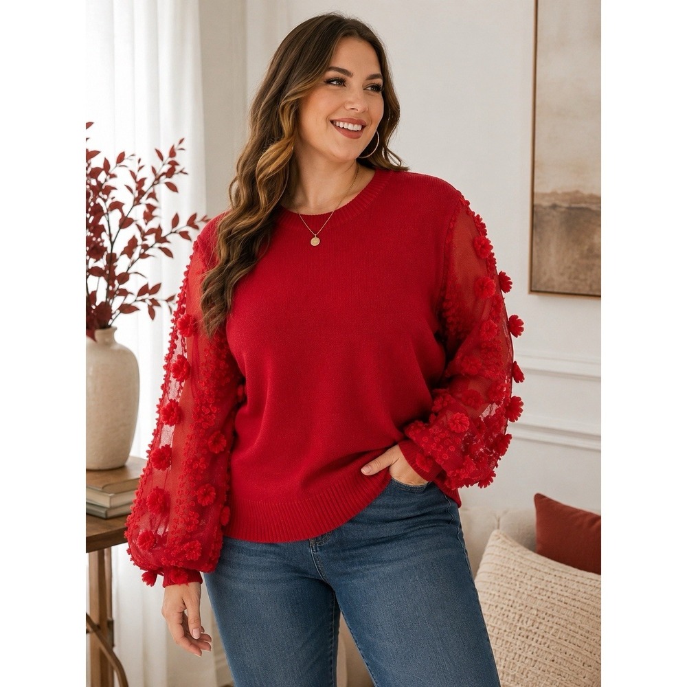 Absolutely Famous 2X Red Sweater Sheer Floral Mesh Balloon Sleeve Plus Size